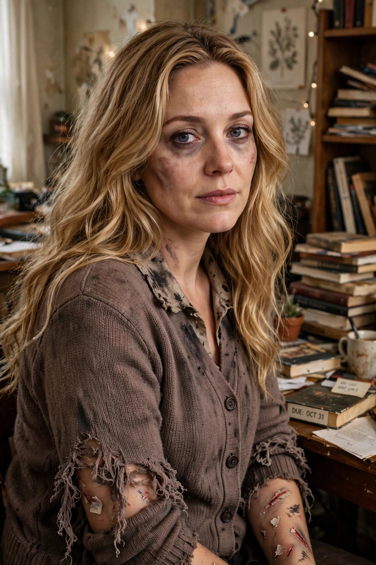 Woman wearing a torn brown cardigan over a patterned shirt with fake bruises on her face and open wounds on her arms as part of a zombie costume.