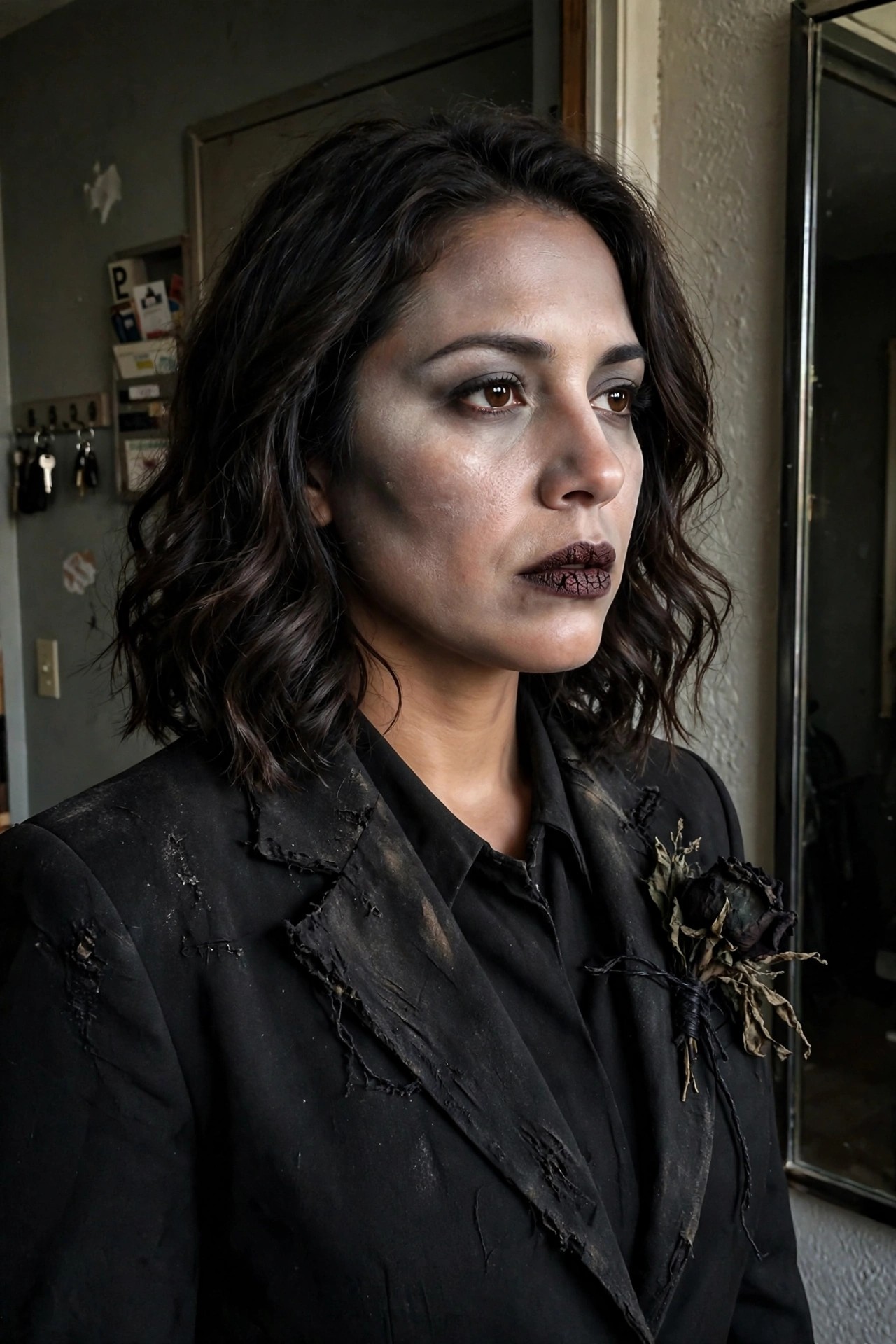 Woman wearing a heavily ripped black blazer and shirt with zombie makeup including gray skin tone, dark eye circles, and cracked dark lips, plus a wilted black rose pinned to the lapel.