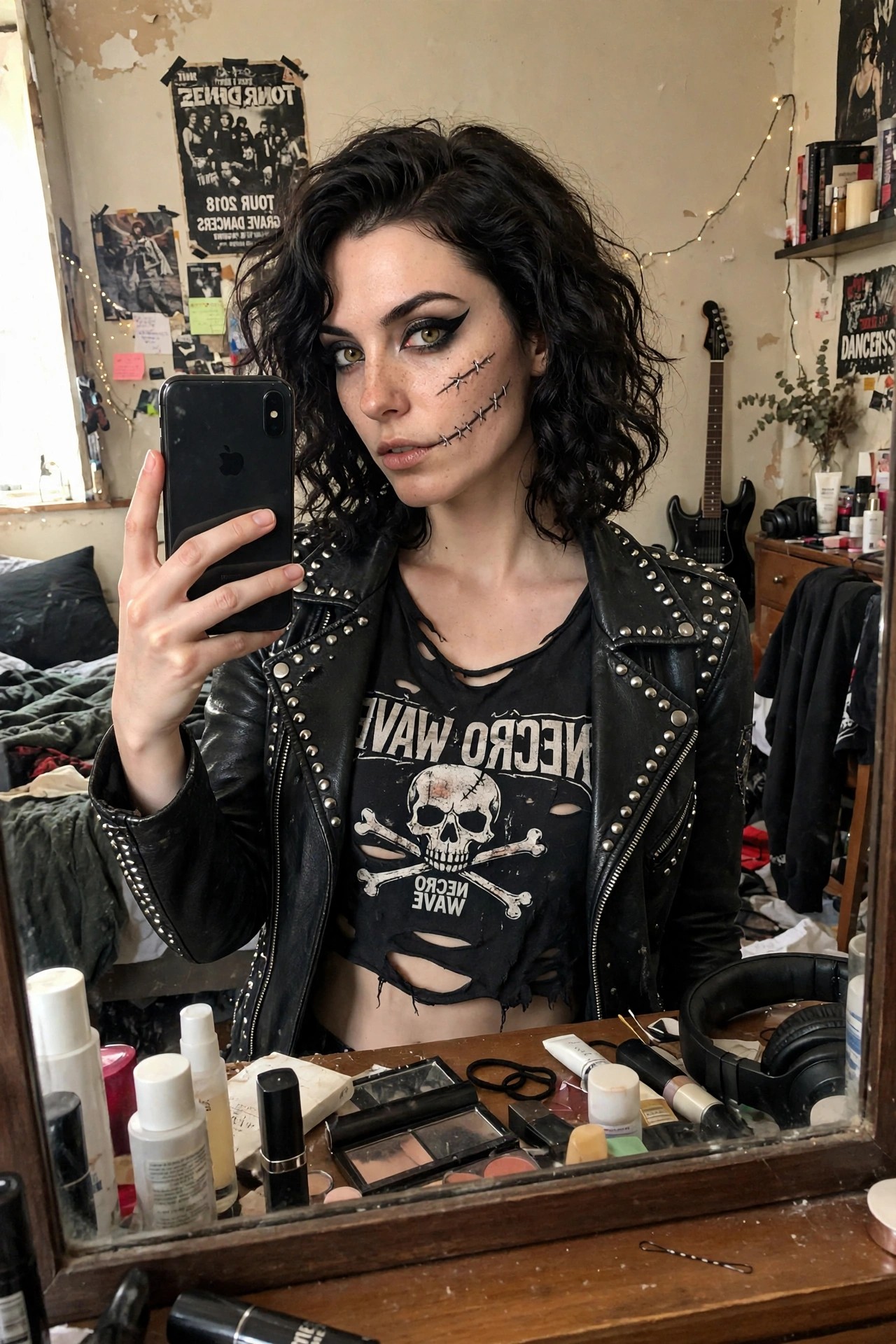 Woman taking a mirror selfie in a studded leather jacket over a torn black graphic tee with skull print wearing zombie makeup with stitched scars on the face and heavy black eye makeup.