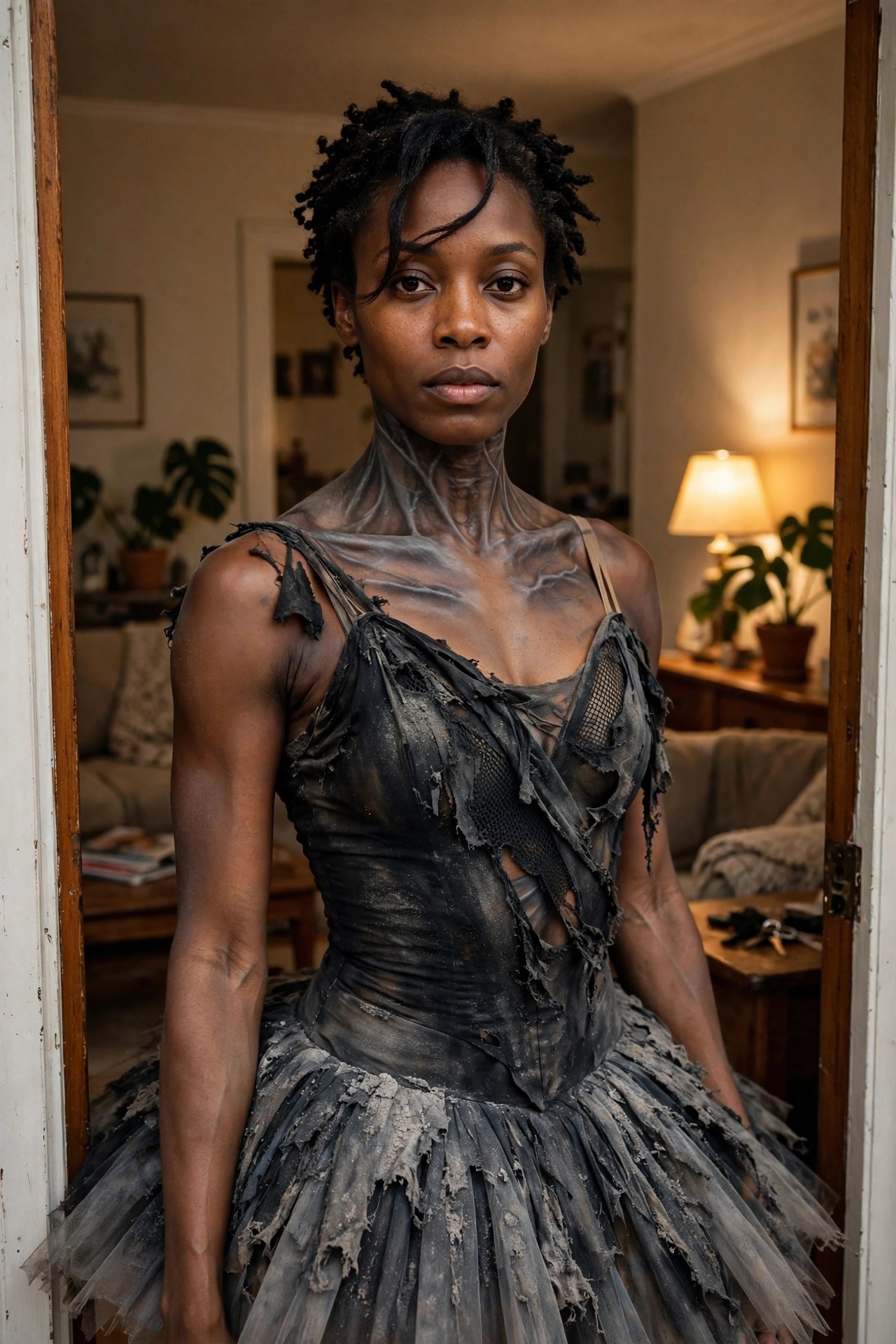 Woman wearing a shredded gray tutu and torn bodice with gray cracked body paint covering her neck and shoulders to create a zombie ballerina costume.