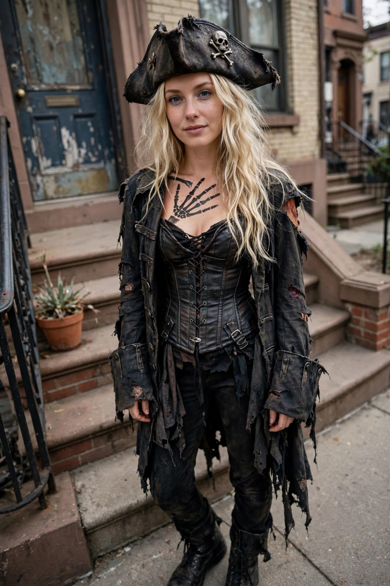 Woman wearing a ripped black pirate costume with skull and crossbones hat, skeleton hand design on chest, torn corset and jacket, black pants and boots, all distressed to look like a zombie pirate.