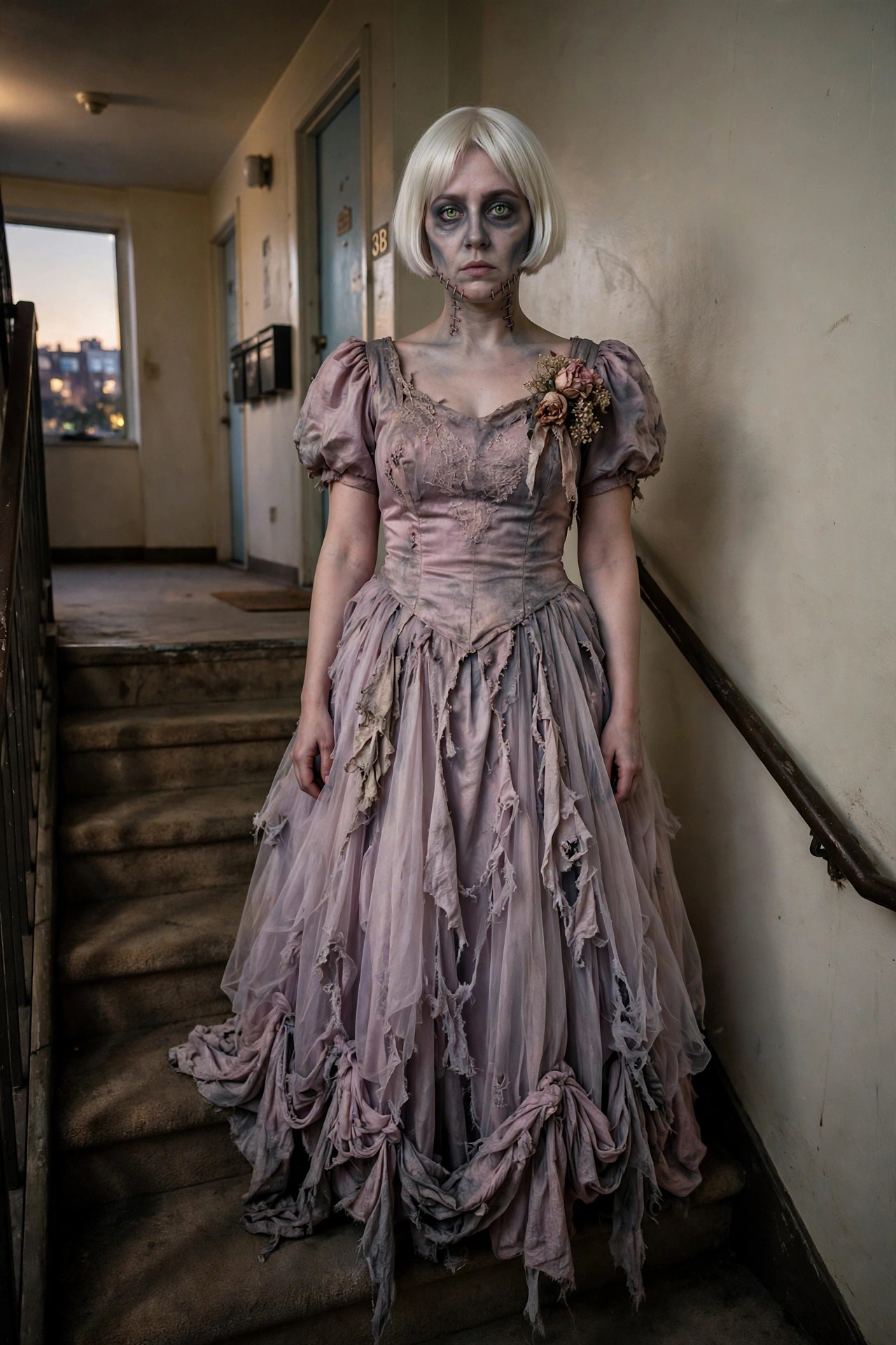 Woman wearing a torn dusty pink Victorian style gown with a corset bodice and ragged tulle skirt, paired with white bob hair, pale zombie makeup, and stitched neck details.