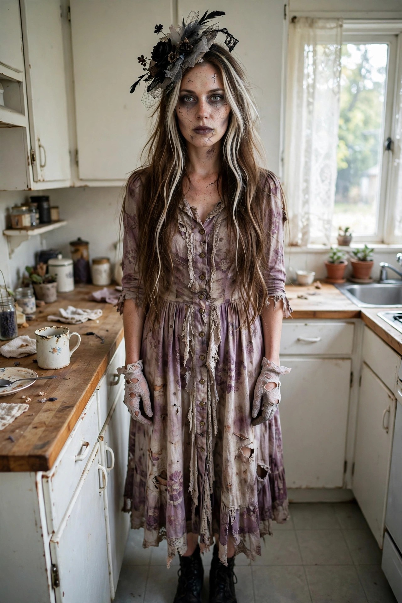 Woman wearing a torn purple floral dress as a zombie costume with cracked face makeup, messy long hair, and a dark feathered headpiece.