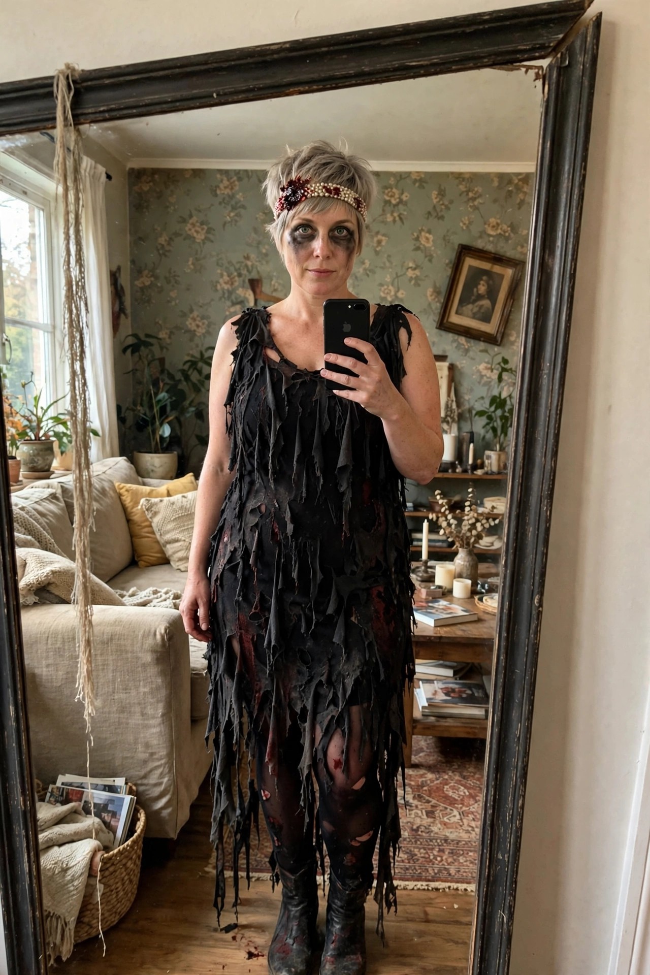 Woman in a shredded black dress with red stains, torn tights, and dirty boots wearing zombie face paint and a decorative headband while taking a mirror selfie.