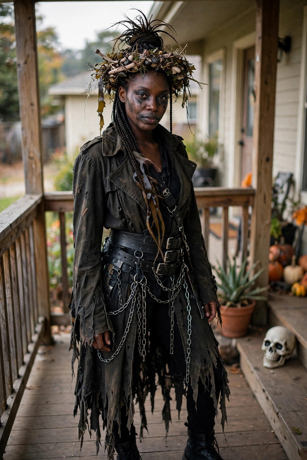 Woman wearing a heavily torn dark coat with multiple black belts and hanging silver chains, a crown of twigs leaves stones and shells on her head, and zombie style makeup.