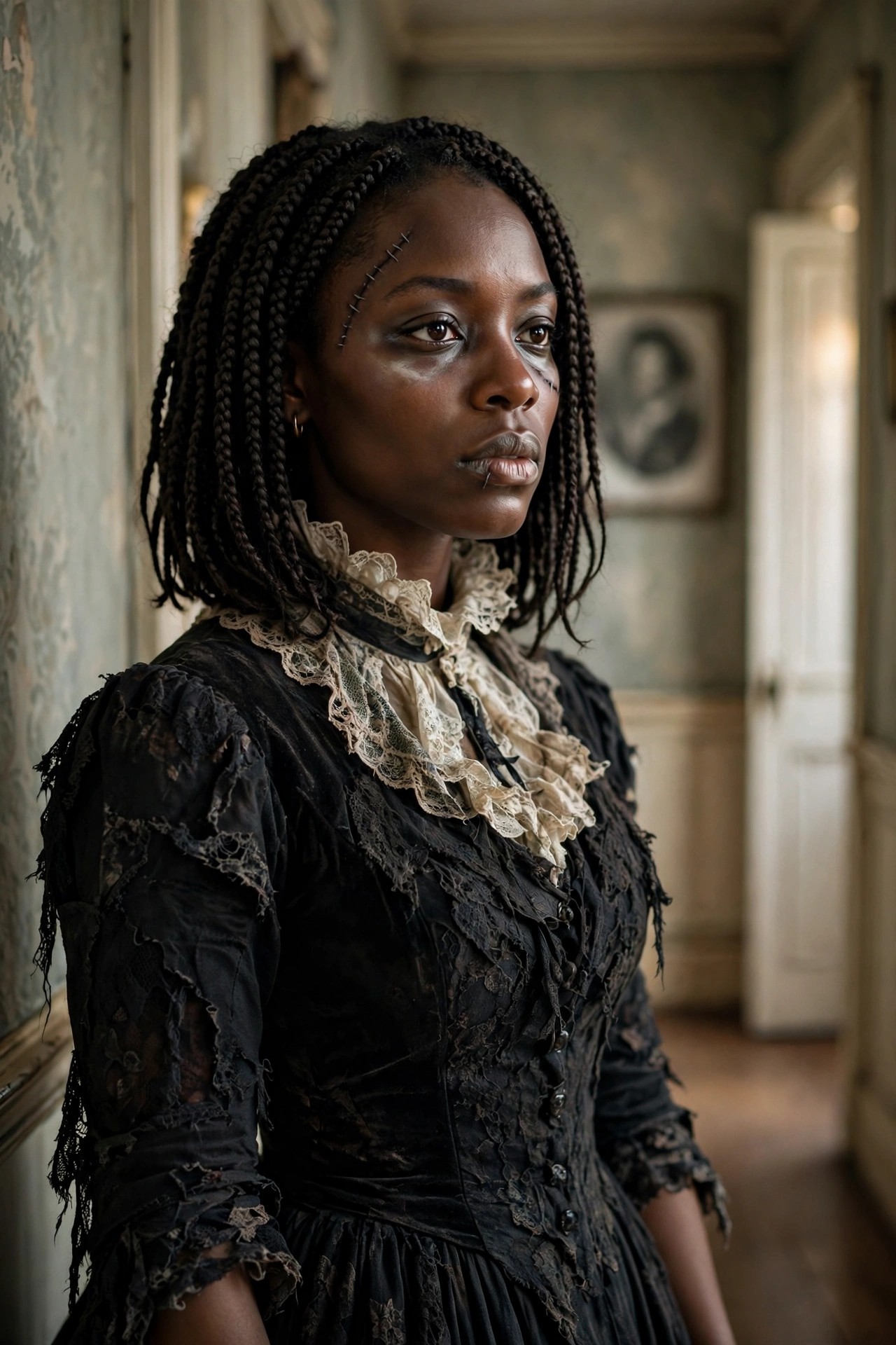 Woman wearing a torn black Victorian style dress with cream lace collar and zombie makeup featuring stitched facial wounds.