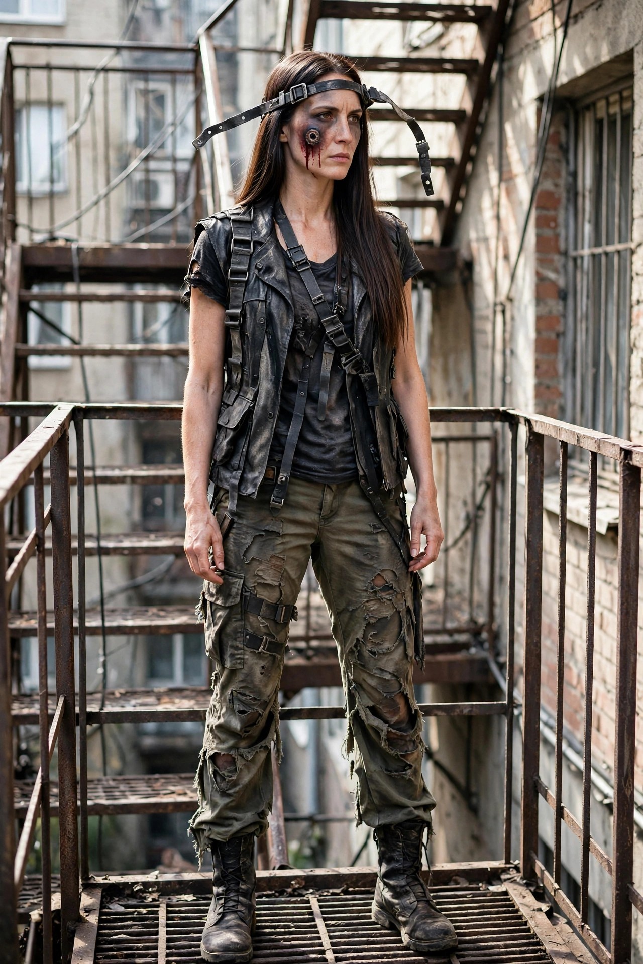 Woman wearing a zombie survivor costume with a torn black tactical vest, ripped olive cargo pants, combat boots, and face makeup showing a bullet wound effect with blood streaks.