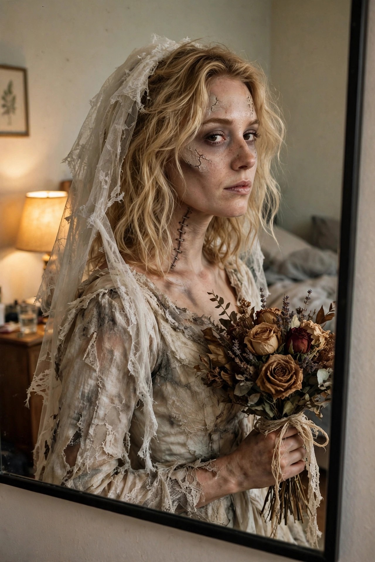 Woman wearing a torn white wedding dress and veil with visible stitches on her face and neck while holding a bouquet of dried roses as part of a zombie bride Halloween costume.