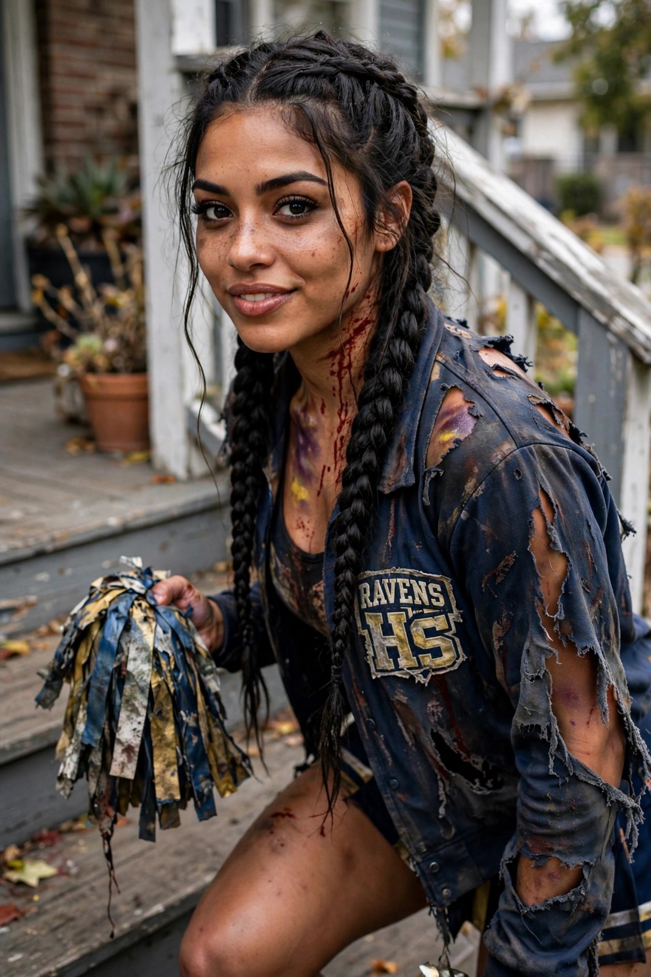 Woman wearing a torn blue Ravens HS varsity jacket as part of a zombie cheerleader costume while holding a shredded pom pom.