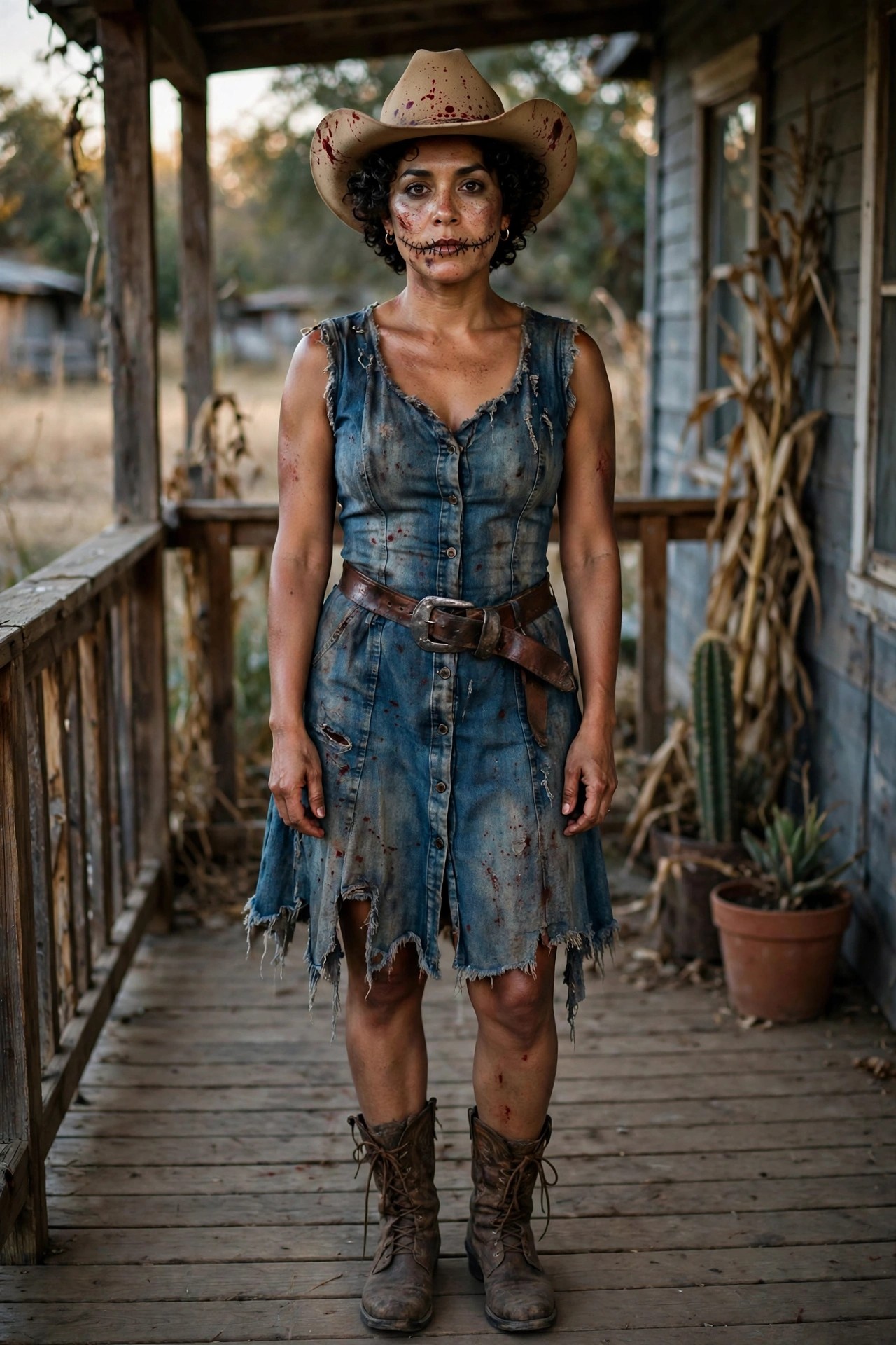 Woman wearing a ripped blue denim dress with blood stains, brown leather belt, cowboy hat with blood marks, stitched zombie mouth makeup, and brown lace-up boots.