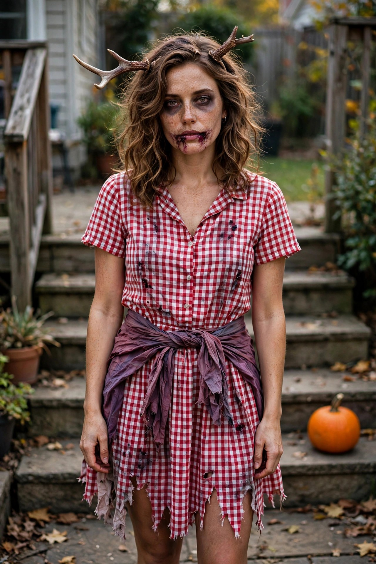 Woman wearing a torn red gingham dress with a purple sash, zombie makeup with dark bruises and blood around the mouth, messy brown hair, and real antlers on her head.