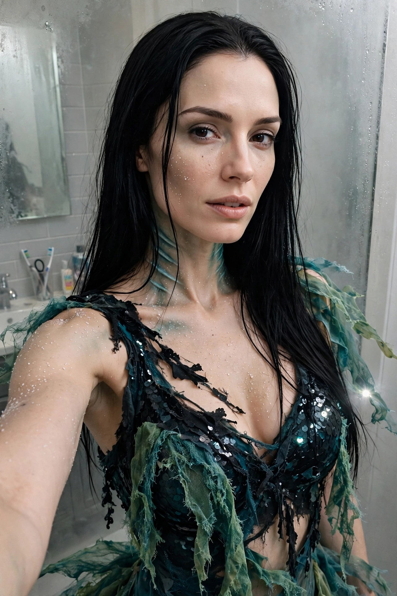 Woman wearing a torn black sequin top layered with shredded green fabric strips, wet black hair, and glitter on skin for a zombie mermaid costume.