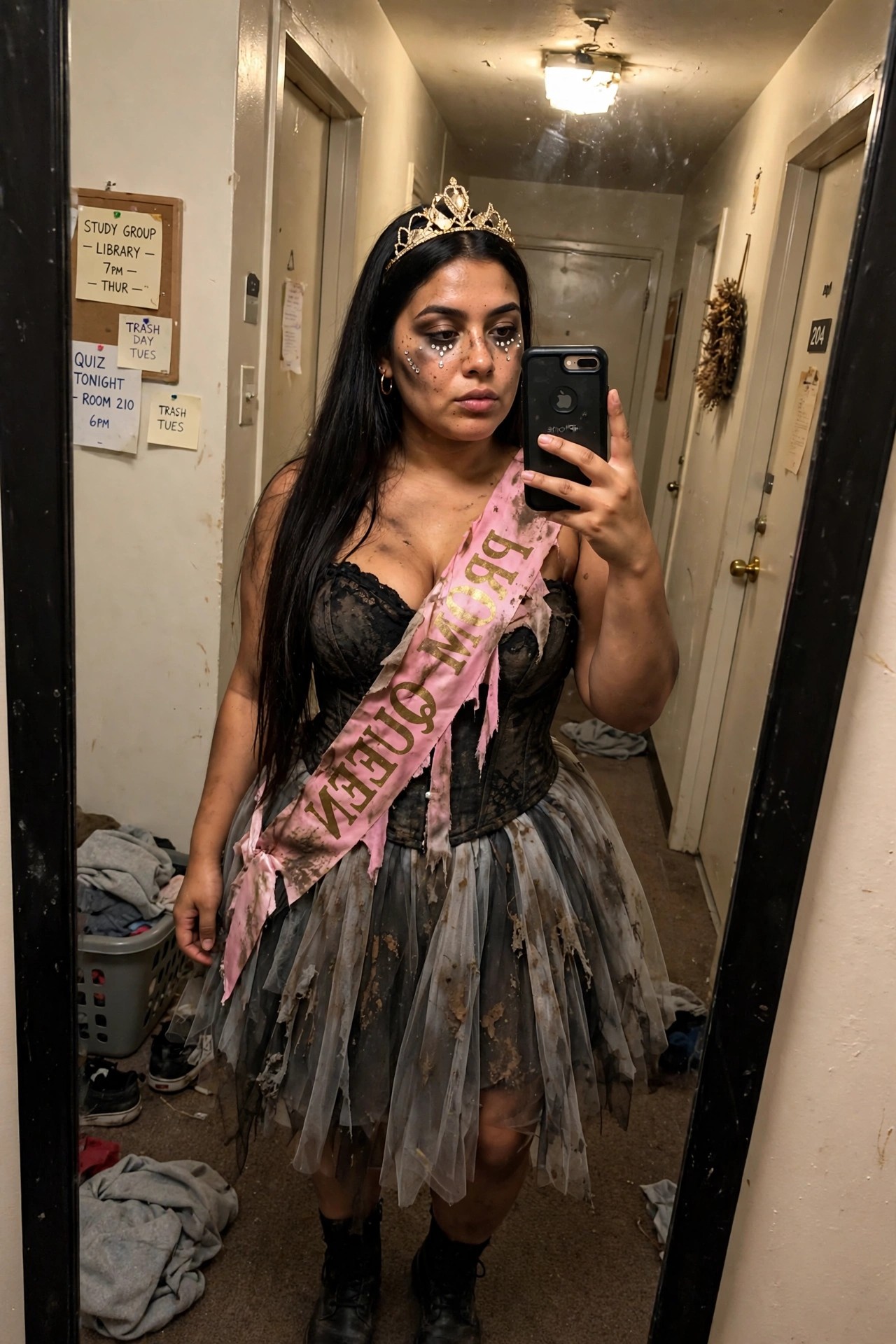 Woman wearing a dirty black corset top, torn pink prom queen sash, and ragged gray tulle skirt with a small gold crown and zombie style face makeup including small jewels.