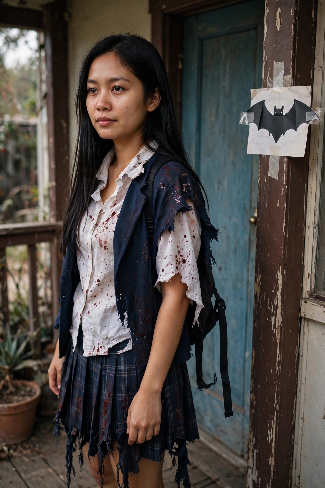 Woman wearing a torn white shirt and navy vest covered in red stains over a plaid skirt with matching rips and blood marks, carrying a black backpack.
