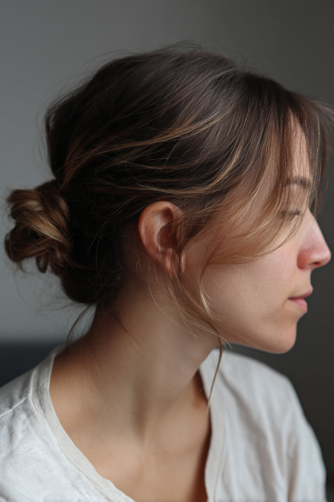 A woman in profile with a messy, textured low bun and face-framing wavy layers.