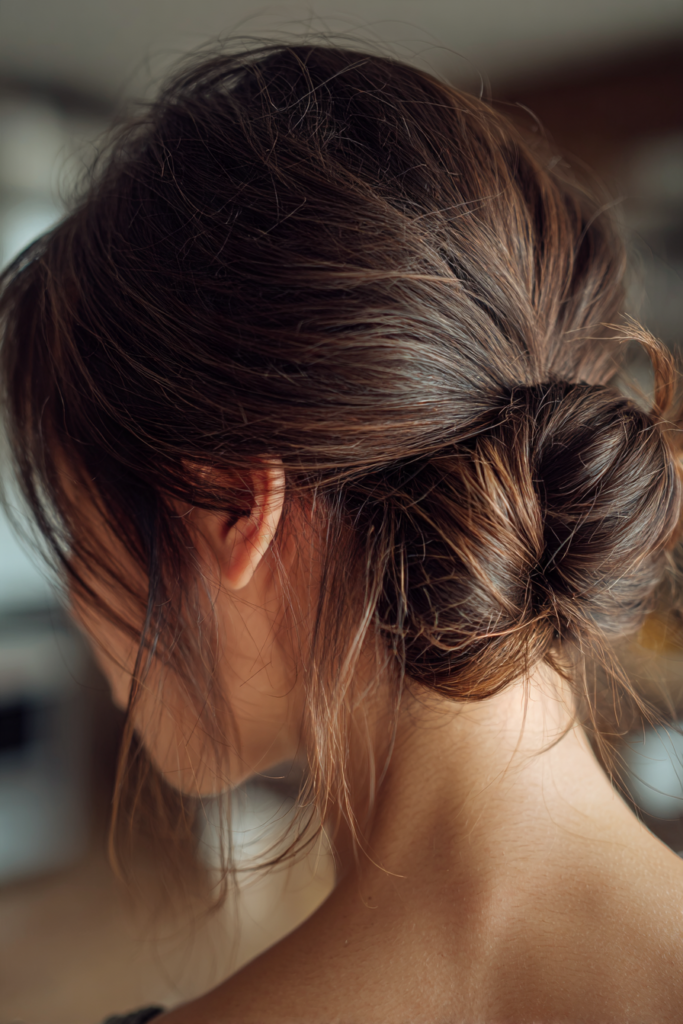A woman viewed from the side with her thick brunette hair styled in a casual, low twisted knot with soft escaping tendrils.