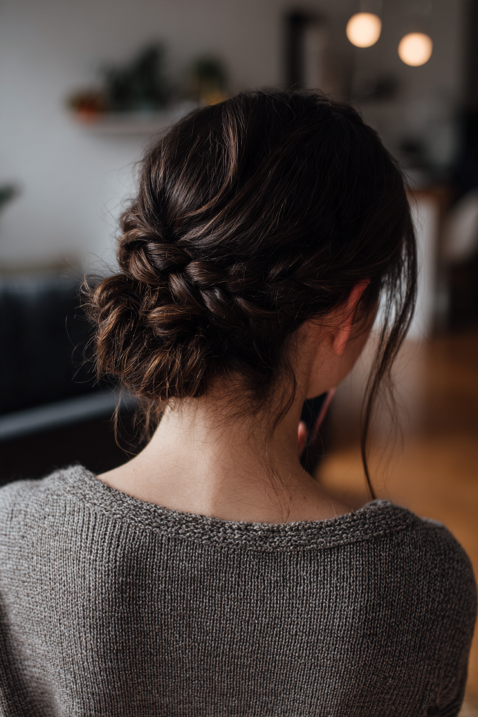 A woman viewed from the back has thick dark hair styled in a three-part braided crown and a textured low bun.