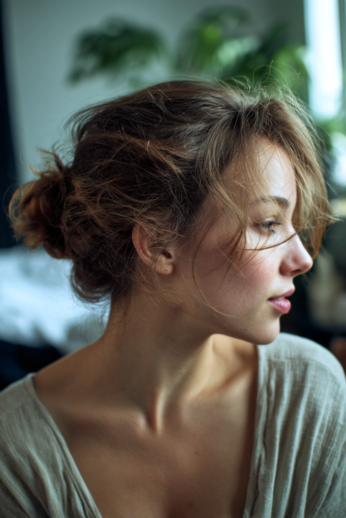 A woman in profile with medium-length thick brunette hair gathered into a soft low messy bun with wispy face-framing bangs.