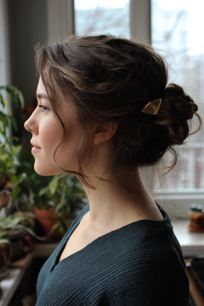 A woman viewed from the side with her thick wavy brunette hair styled in a low twisted chignon pinned with a gold clip.