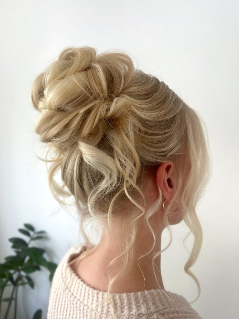 A woman from behind with her thick golden blonde hair styled in a voluminous, loosely twisted high bun with wavy strands framing her face and neck.