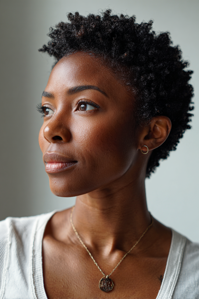 A woman showing off a short cropped black coily haircut while wearing a white top and gold necklace.