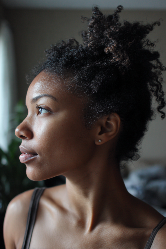  A woman in side profile wearing her dark coily hair in a messy high bun updo.