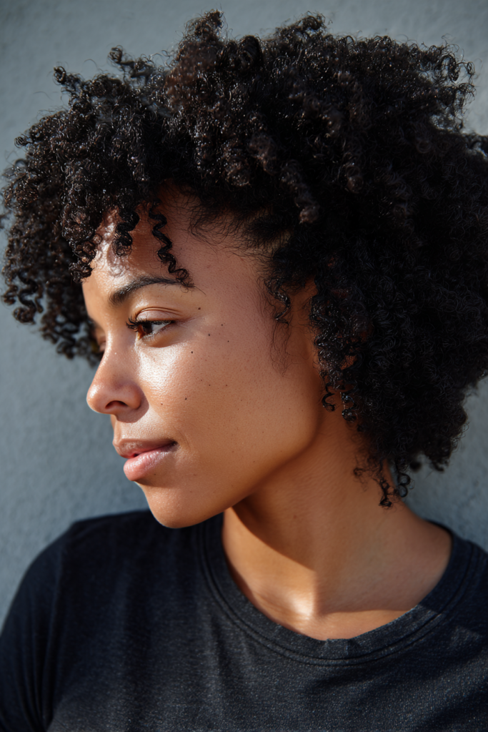 A woman in side profile showing off a short layered coily crop with soft face framing ringlets.