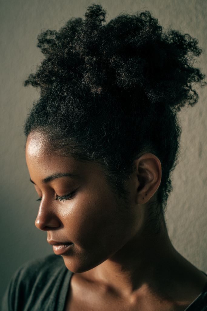 A woman in side profile wearing her dark coily hair in a high voluminous top knot updo.