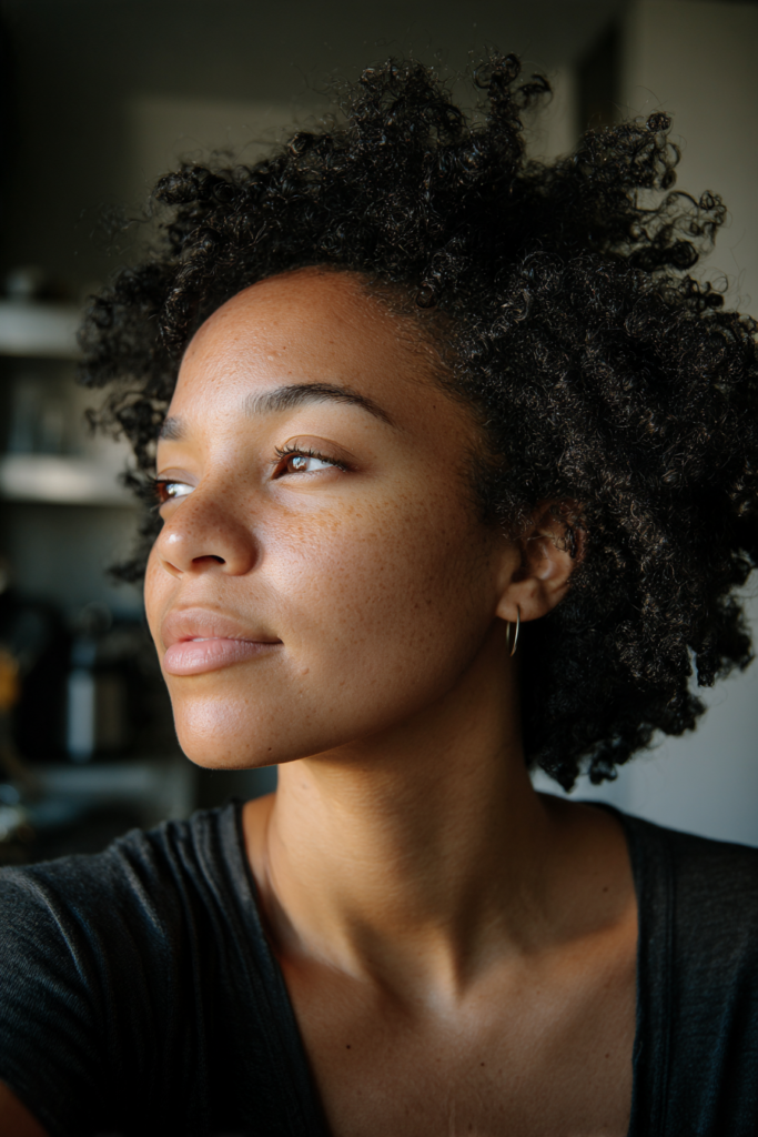 A woman looking up with a soft smile while wearing a short rounded afro with defined black coils.
