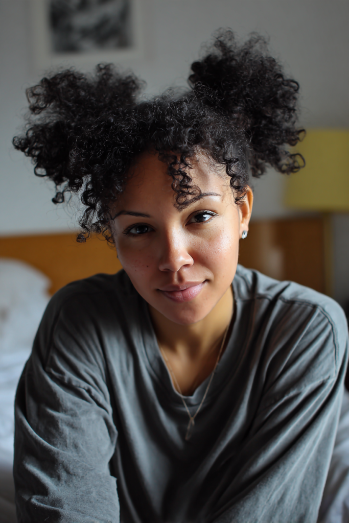 A woman sitting down and wearing her dark coily hair in two playful high space buns with curly bangs.