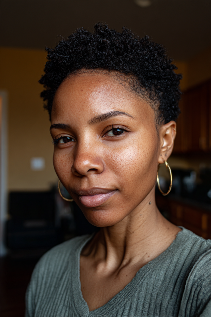 A woman wearing gold hoop earrings showing off a short tapered coily pixie haircut.