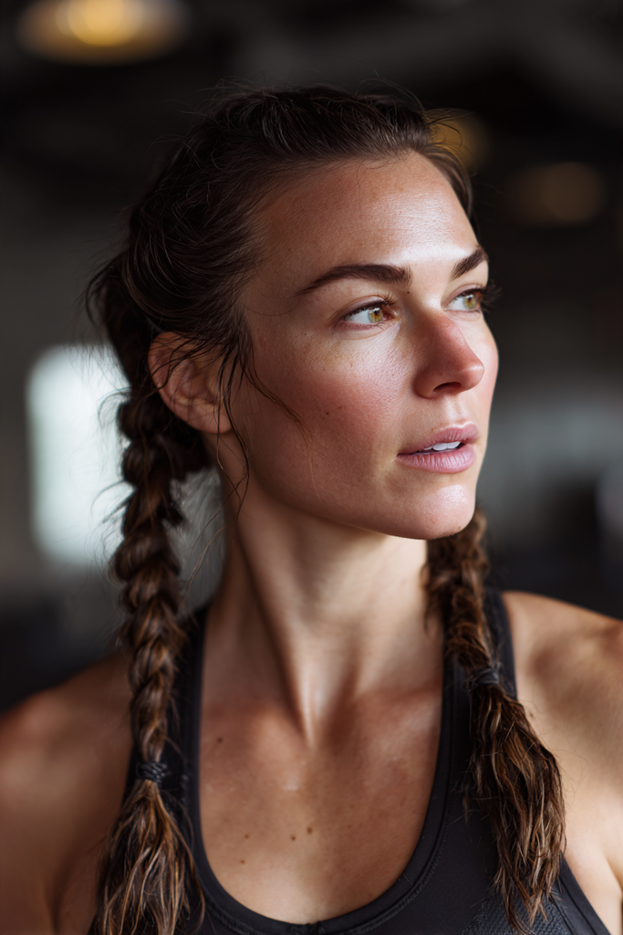 Woman seen in close up profile with medium long brunette hair and caramel tones styled in two loose braids draped over her shoulders.