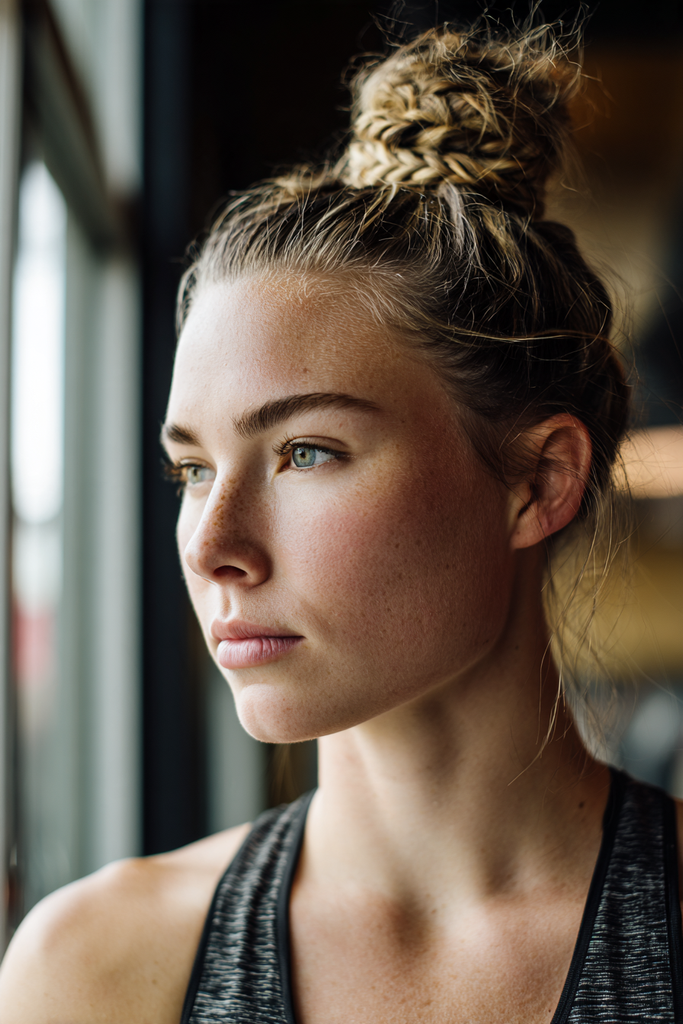 Woman seen in profile with sandy blonde and light brown hair styled in a high top knot with a braided detail around the bun.