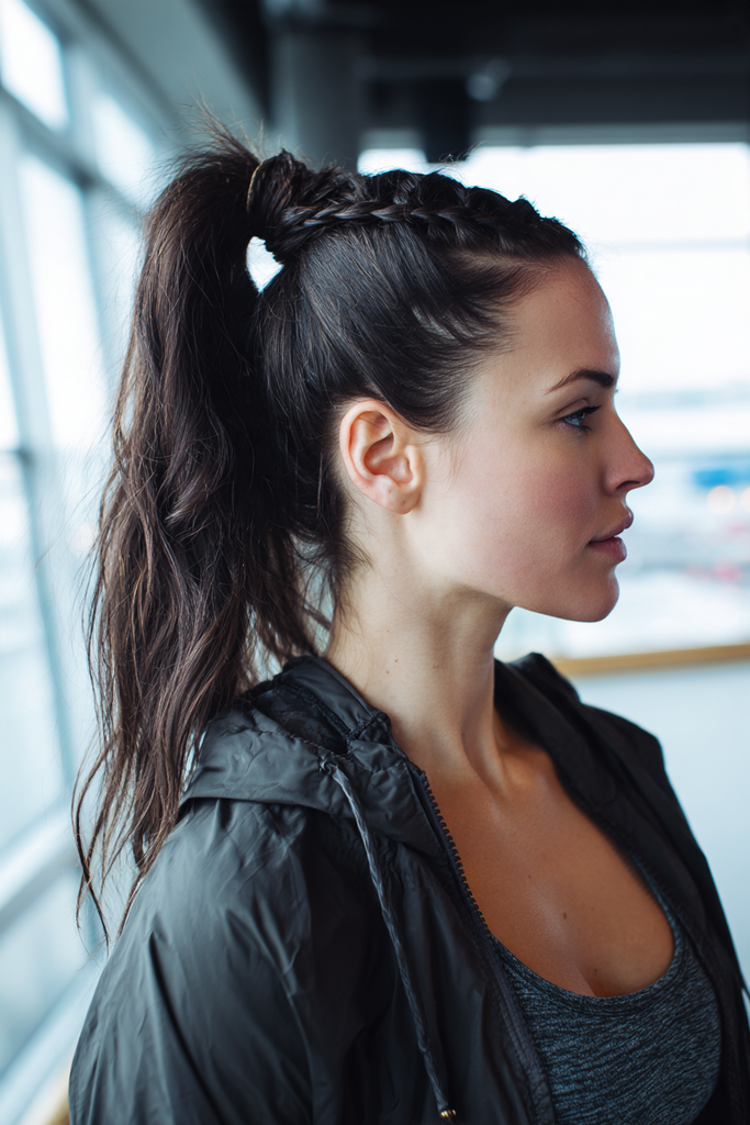 Woman seen in profile with long dark brown wavy hair styled in a sleek high ponytail with a thin braid along the crown.