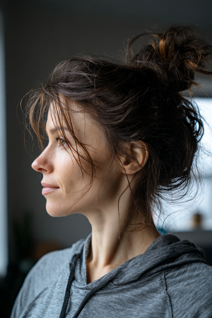 Woman seen in profile with dark brown hair and copper tones styled in a messy high top knot with wispy face framing strands.