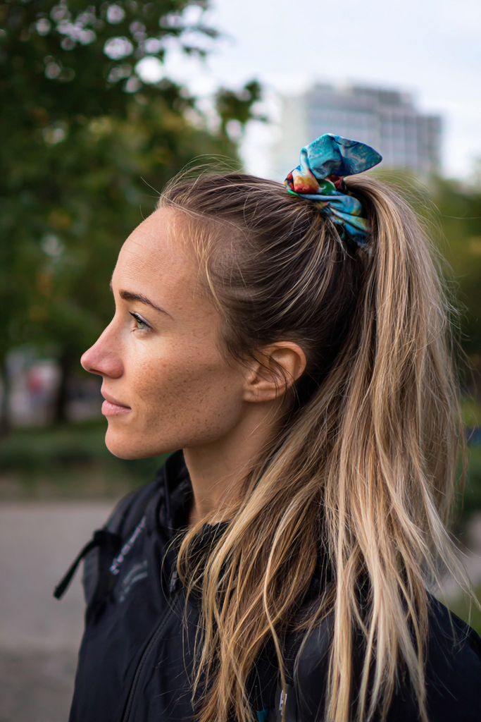 Woman seen in profile with long brown and sandy blonde hair styled in a high ponytail with a blue patterned scrunchie.