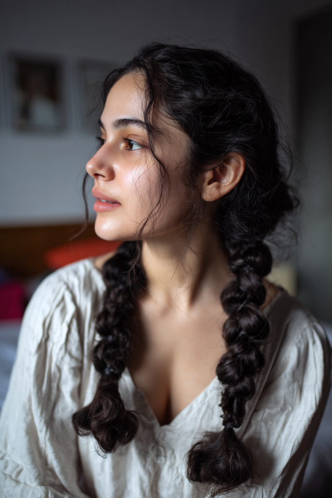 Side view of a woman with long dark hair styled in two soft bubble braid pigtails with curly ends and loose face framing strands.