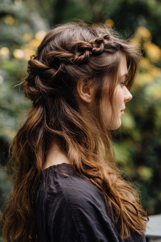 Side view of a woman with long chestnut brown wavy hair styled half up with a twisted crown braid and loose side-swept bangs.