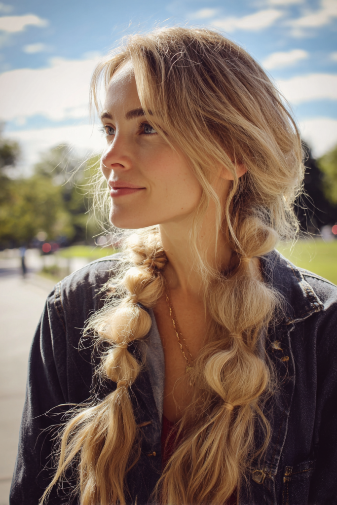 Side view of a smiling woman with long golden blonde wavy hair styled in a soft side bubble braid with loose face framing strands.