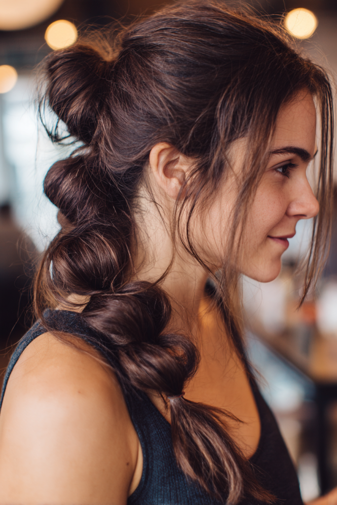 Side view of a smiling woman with long chocolate brown hair styled in a chunky low bubble ponytail with wispy curtain bangs and loose face framing strands.