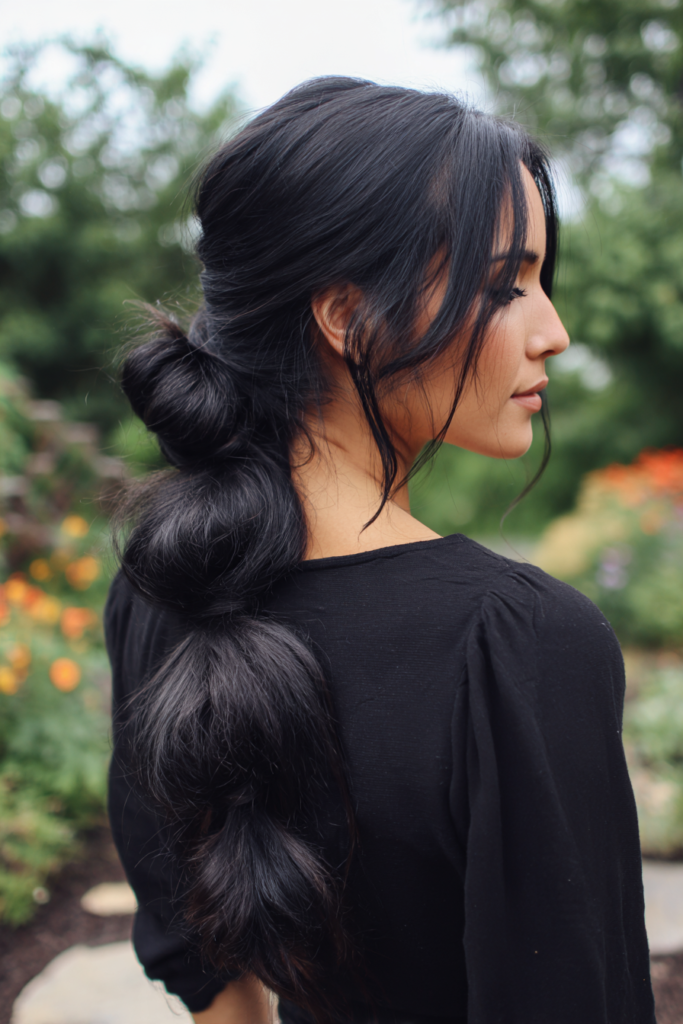 Side view of a woman with long jet black hair styled in a low side bubble ponytail with curtain bangs and loose face framing strands.