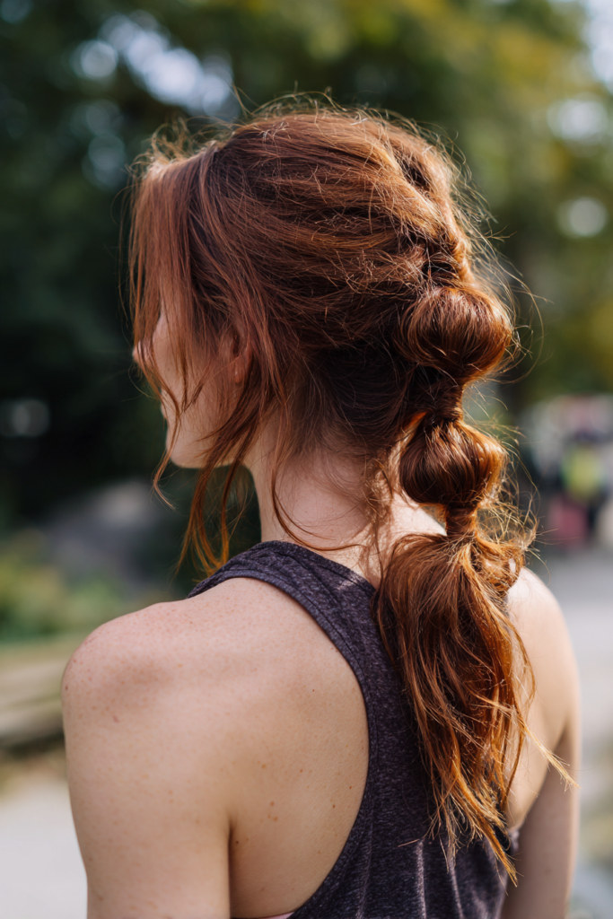  Back view of a woman with long copper red hair styled in a low bubble ponytail with tousled texture and loose face framing strands.