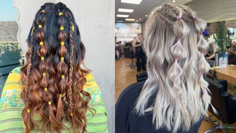 Side-by-side comparison showing long wavy brunette hair featuring dual half-up bubble braids with yellow elastics and gold ring accessories on the left and shoulder-length blonde hair with pink elastics creating a double bubble braid half-up style on the right.