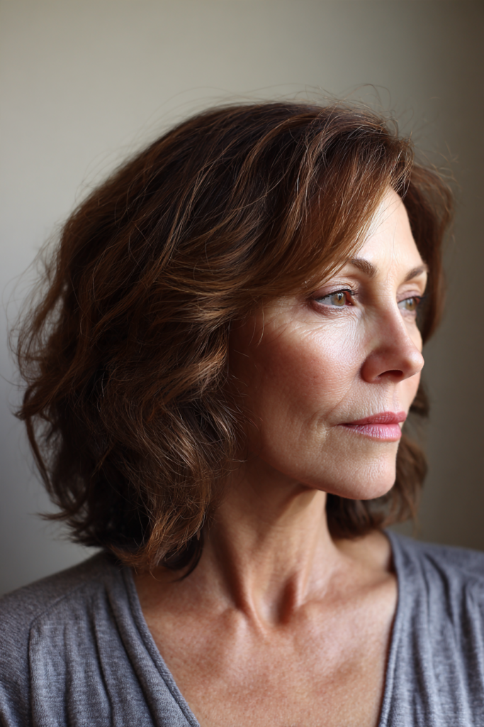 A woman with wavy chestnut brown hair and golden highlights gazes to the side wearing a gray top.