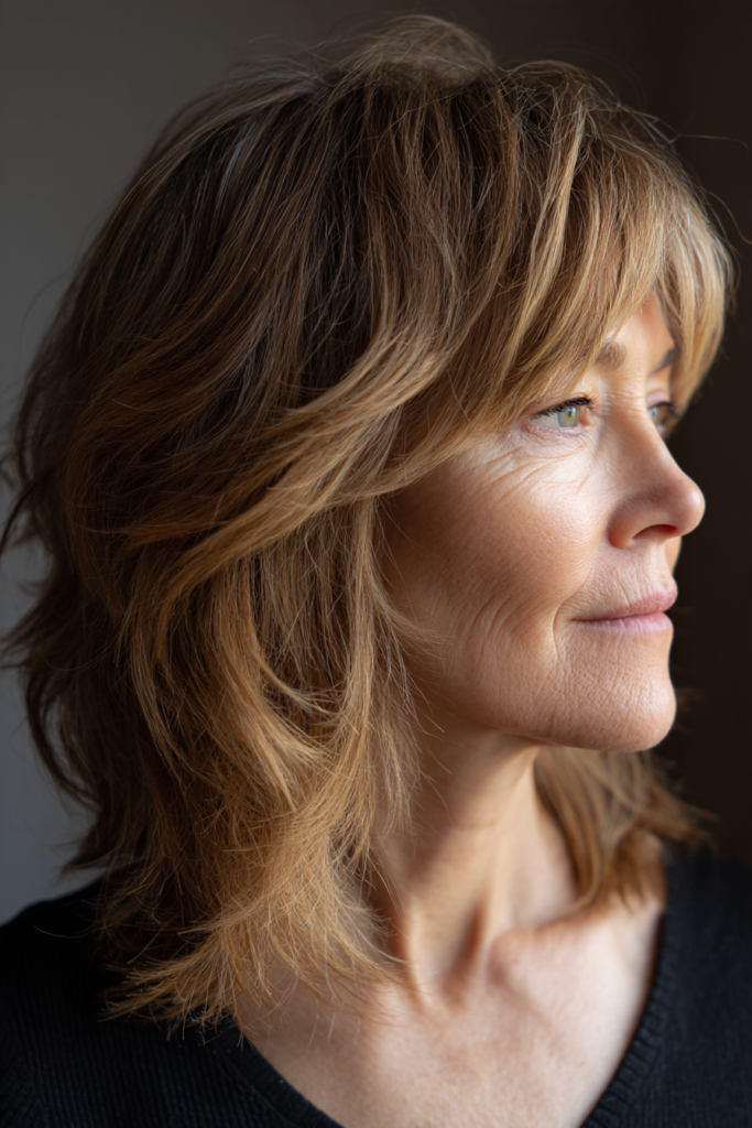 A woman with a layered golden bronde shag and piecey bangs looks off to the side wearing a black top.