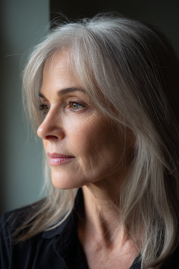 A woman with sleek shoulder-length silver hair and a side-swept fringe gazes to the side wearing a dark top.