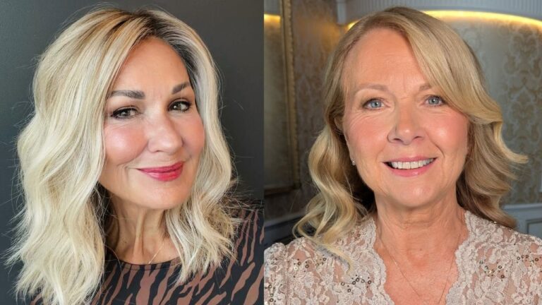 23 Trendy Medium-Length Hairstyles for Women Over 50 Side-by-side comparison showing a wavy, shoulder-length platinum blonde lob with dark roots on the left and a soft golden blonde medium cut styled with gentle curls and side-swept bangs on the right.