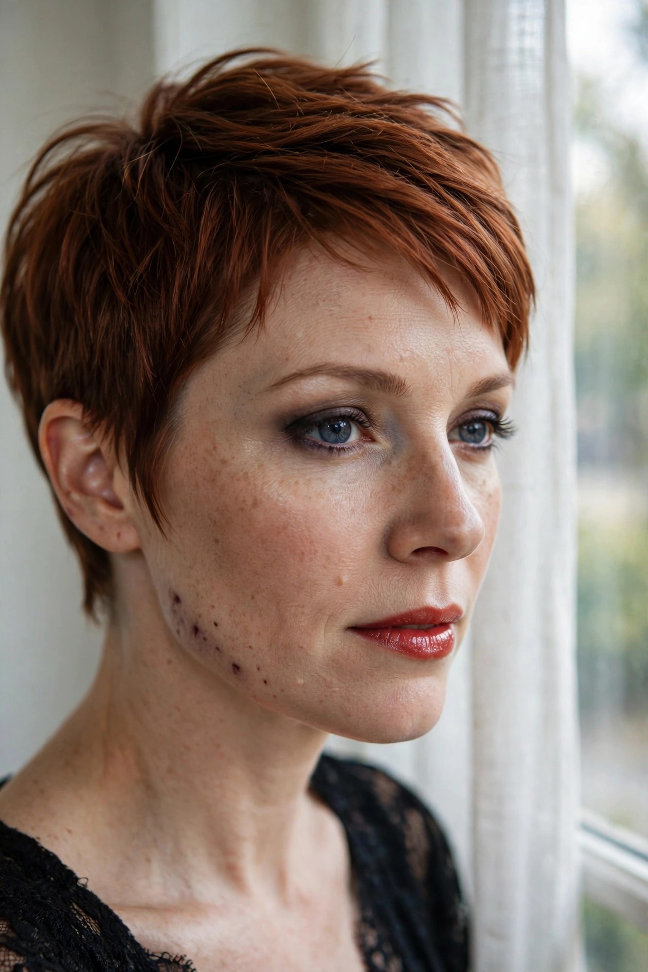 Close up of a woman with short red hair showing smoky eye makeup, red lips, and dark bruise style marks along the jaw and neck.
