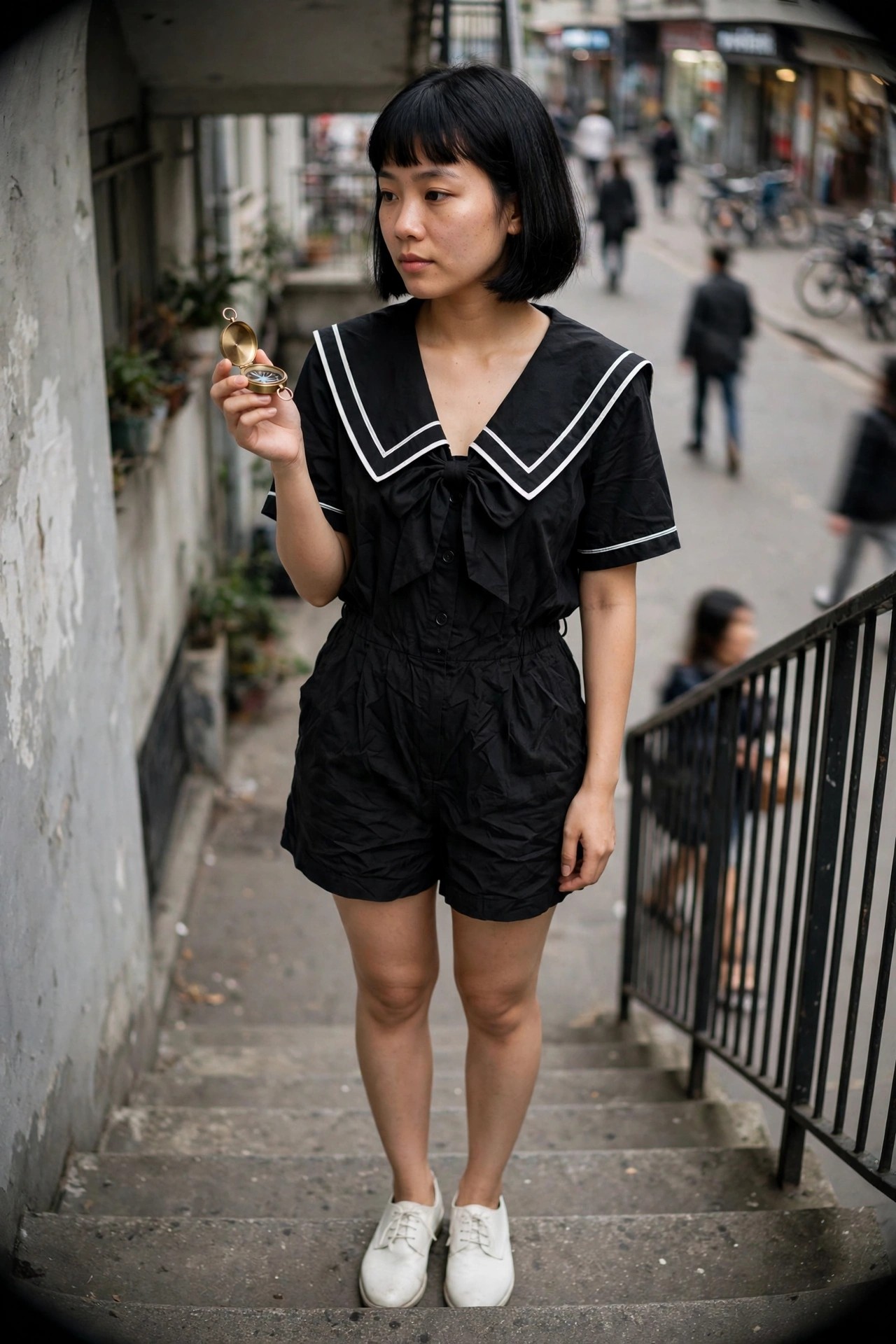 Woman wearing a black sailor romper with white trim collar and large bow, holding an open brass compass while standing on outdoor stairs.