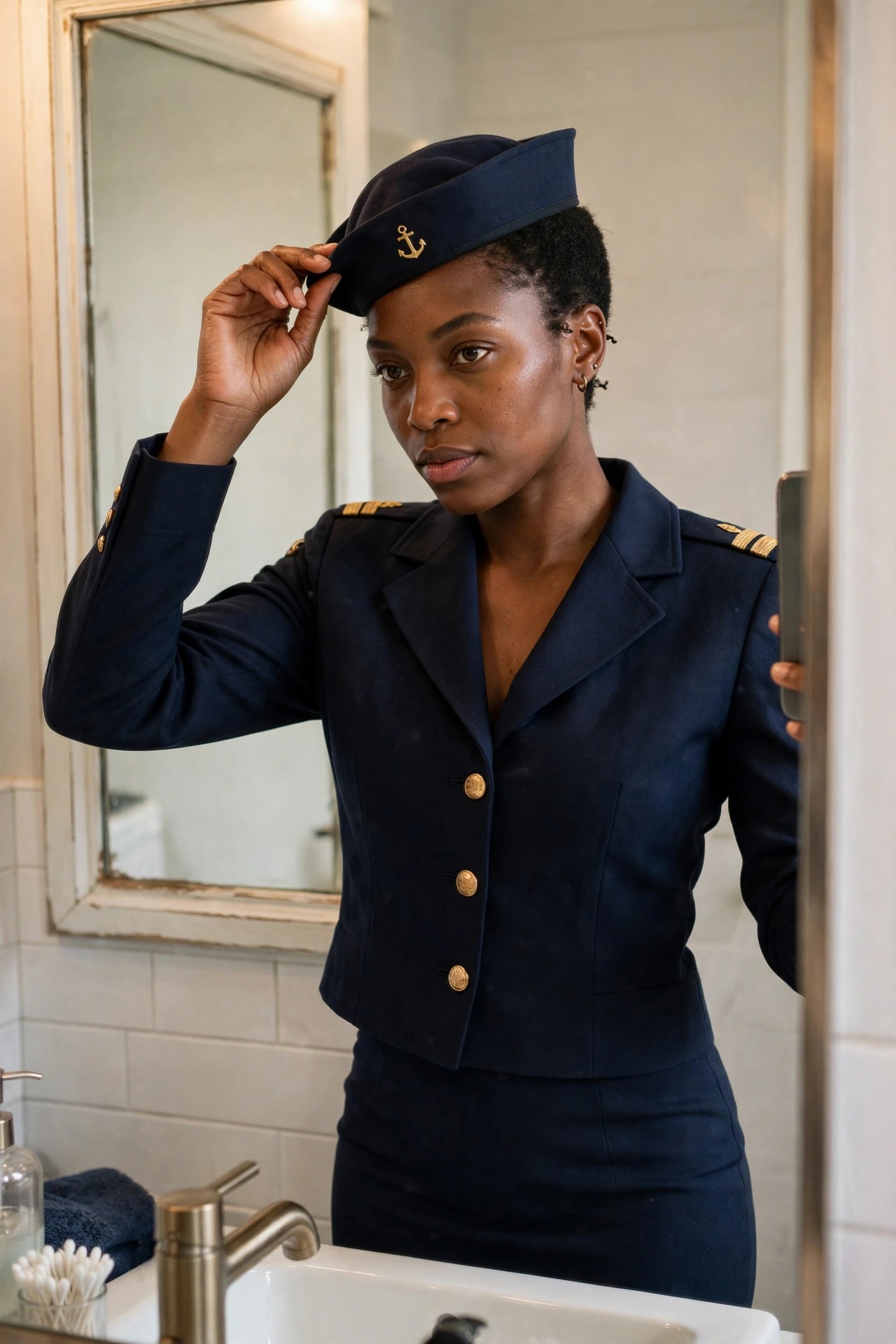Woman wearing a navy blue sailor uniform with gold buttons, epaulets, and an anchor-embossed hat while adjusting the brim in a bathroom mirror.